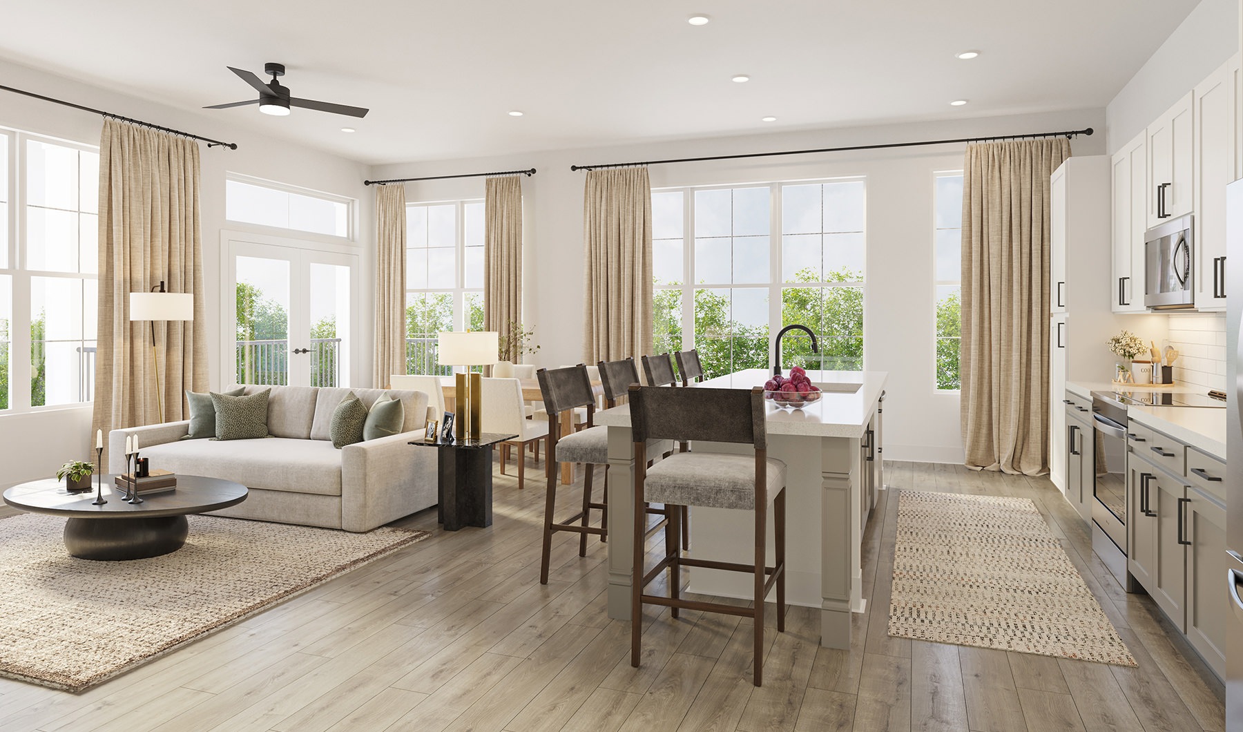 kitchen and living room with island and couches